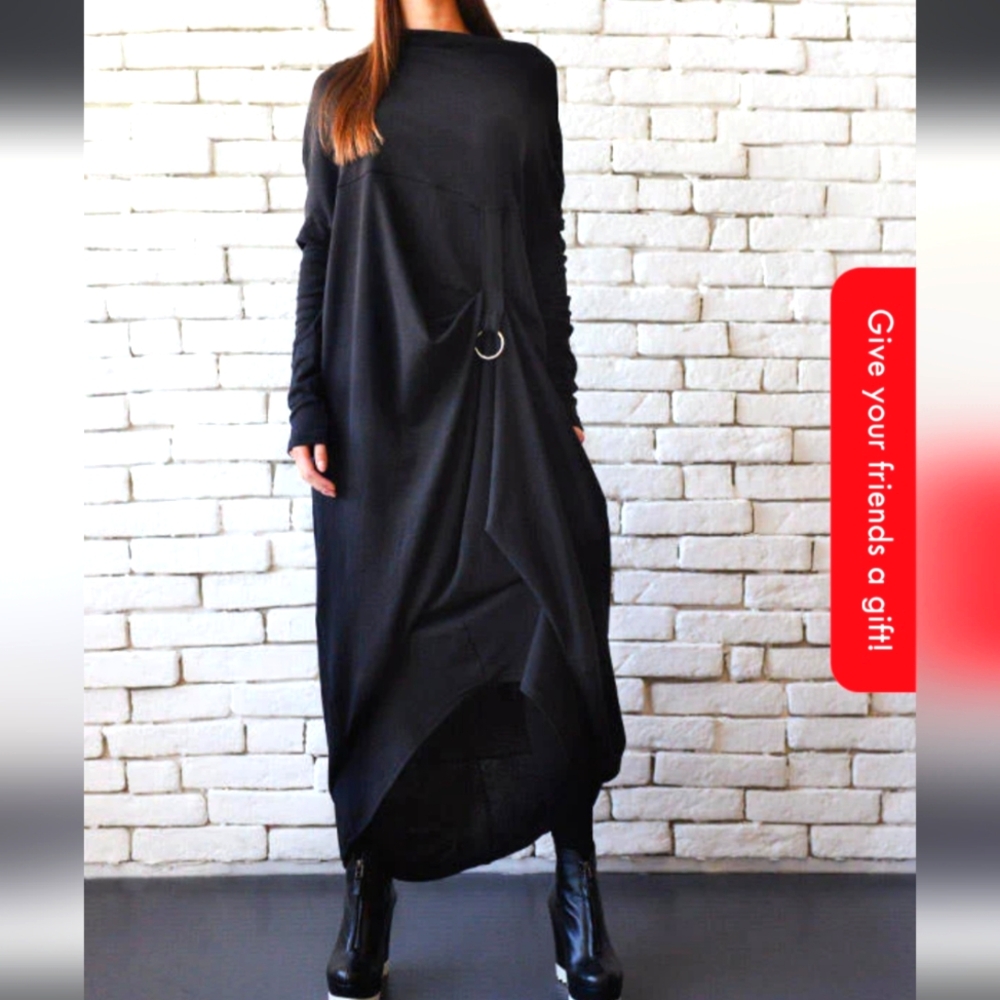 Asymmetrical Black Long-Sleeve Maxi Dress with Ring Detail